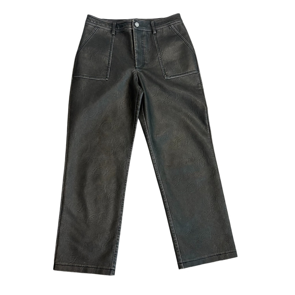 Zara Black faux leather pleather vegan rustic straight leg pants Sz 6 NWOT